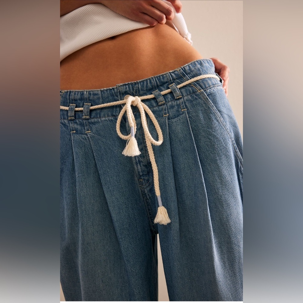 We The Free Light Blue Flare Jeans with Cream Drawstring